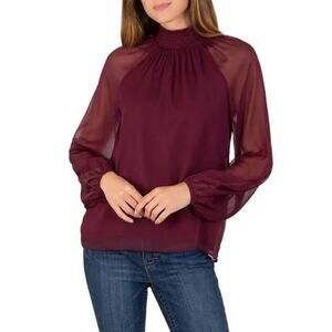 JOIE Chiffon Blouse, Large, Sheer Sleeve, Mock Neck, Burgundy. Mock Neck